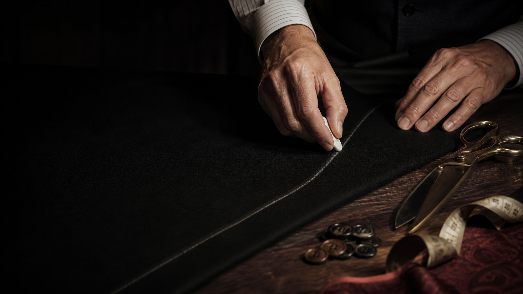 Tailor marking black wool with chalk beside shears