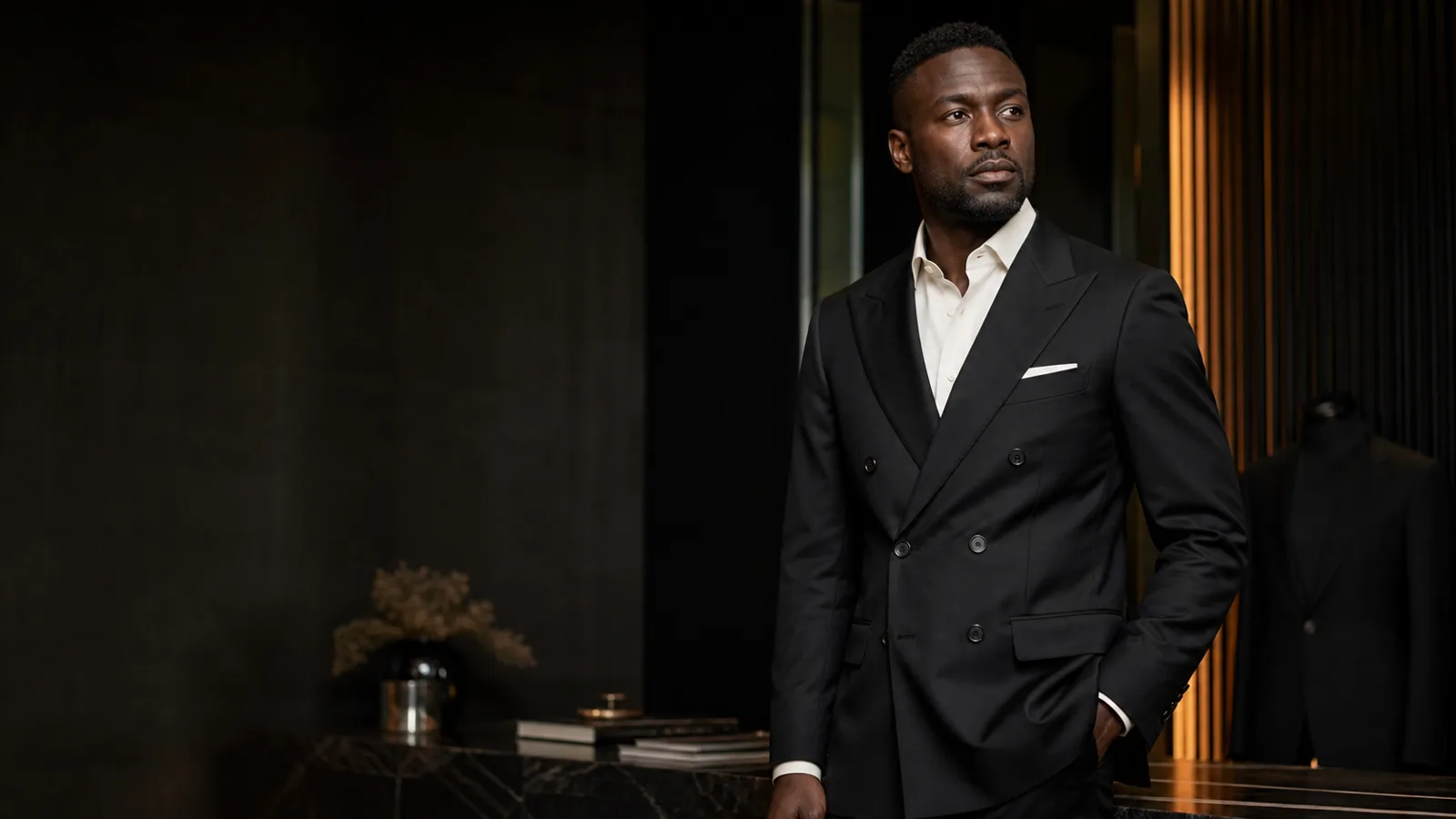 A precisely tailored double-breasted suit